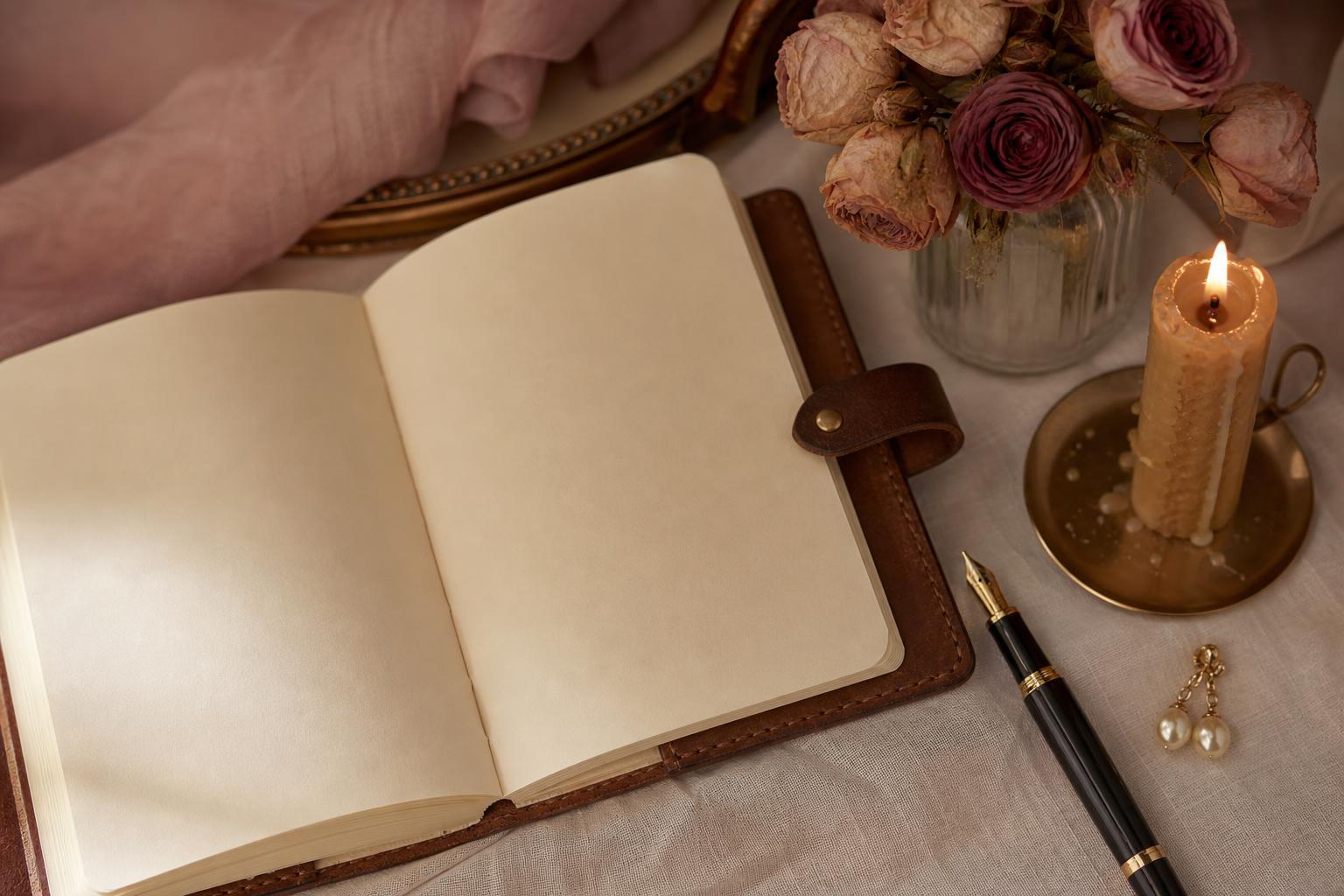 A refined still life of an open leather journal, fountain pen, pearl earrings, dried blush roses and a lit candle on cream linen