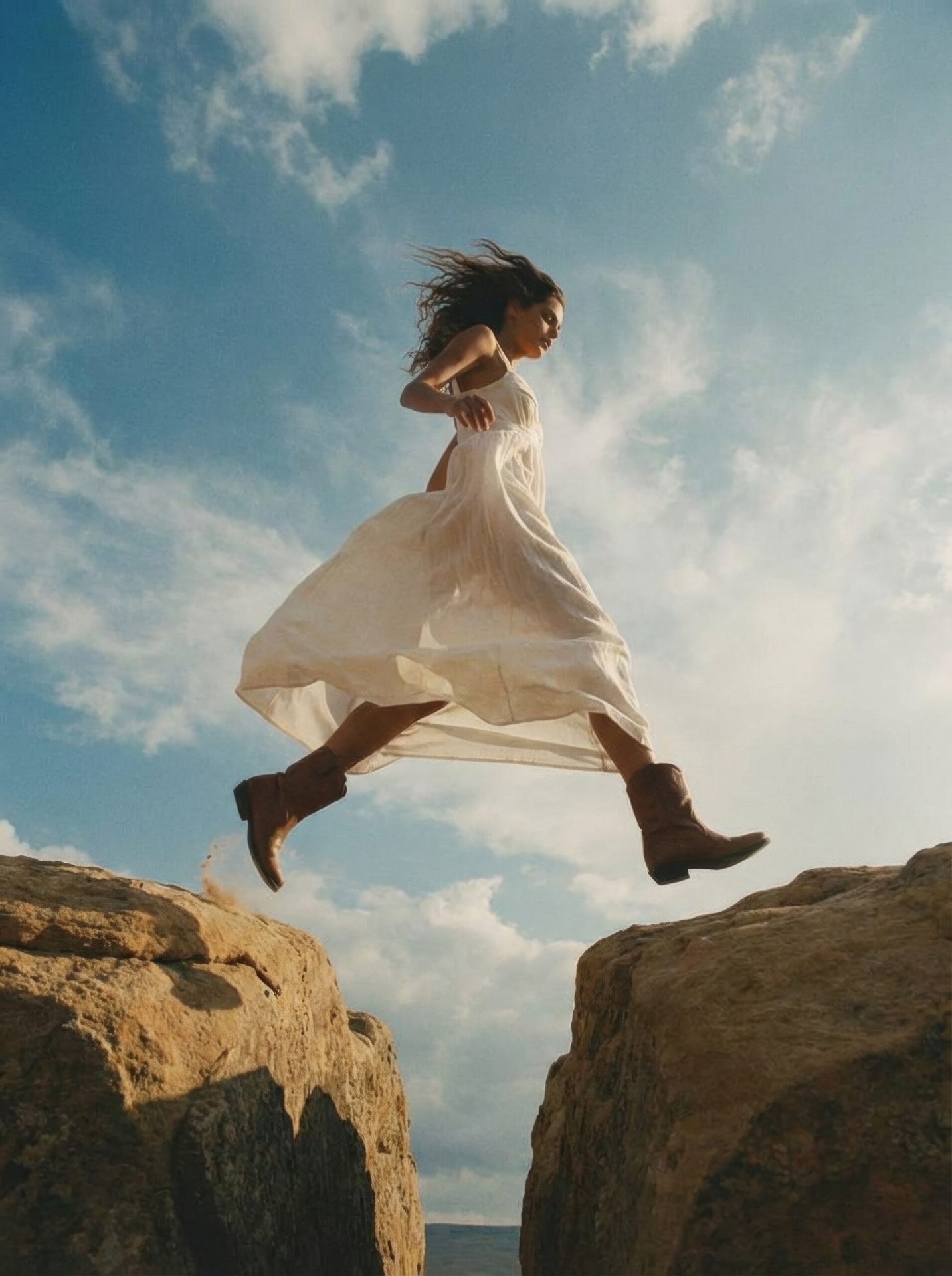 A woman in a white dress leaping between two sunlit rocks