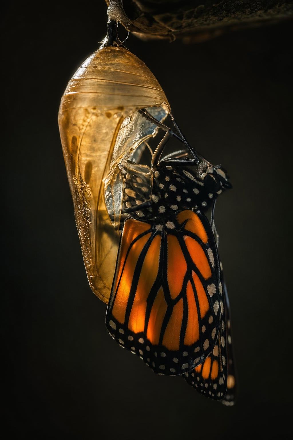A chrysalis in darkness with a butterfly emerging